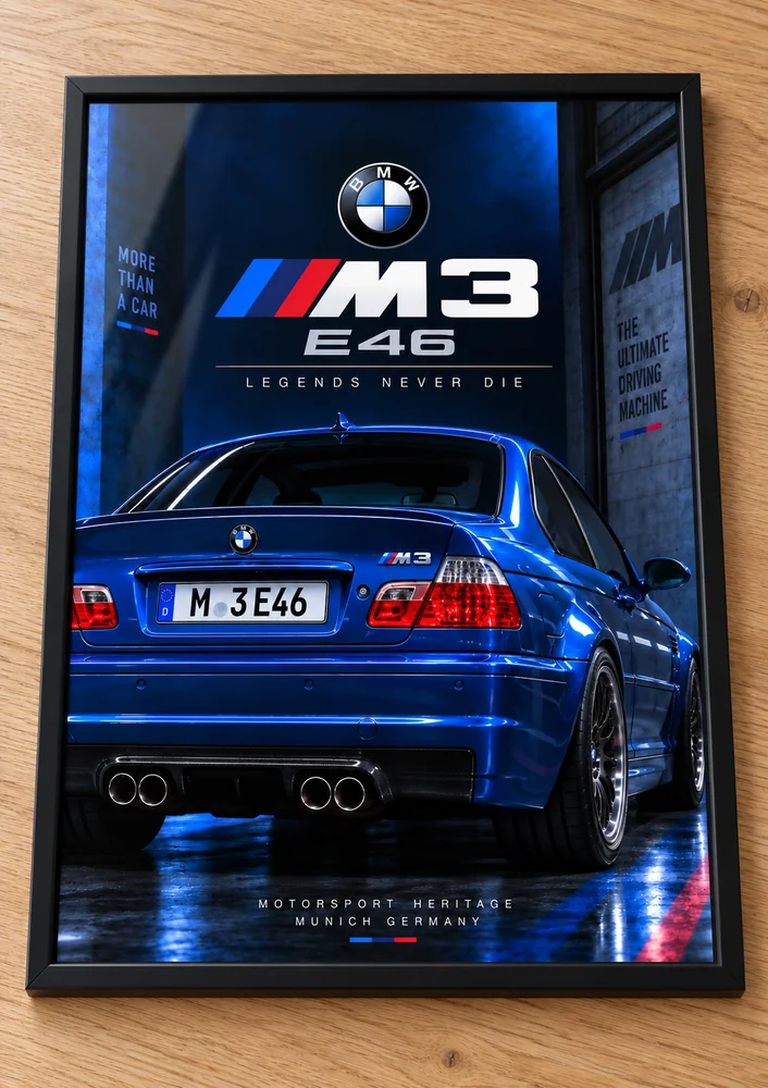Présentation encadrée de l’affiche BMW M3 E46, collection Sportives & Tuning