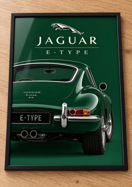 Présentation encadrée de l’affiche Jaguar E-Type, collection Classic Cars