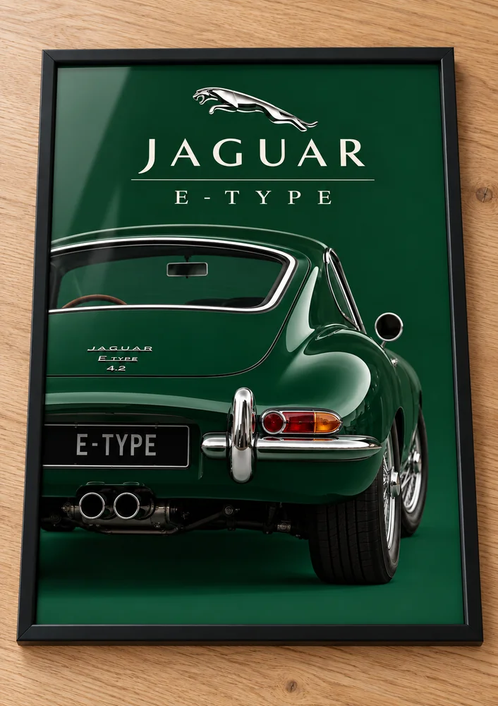 Présentation encadrée de l’affiche Jaguar E-Type, collection Classic Cars