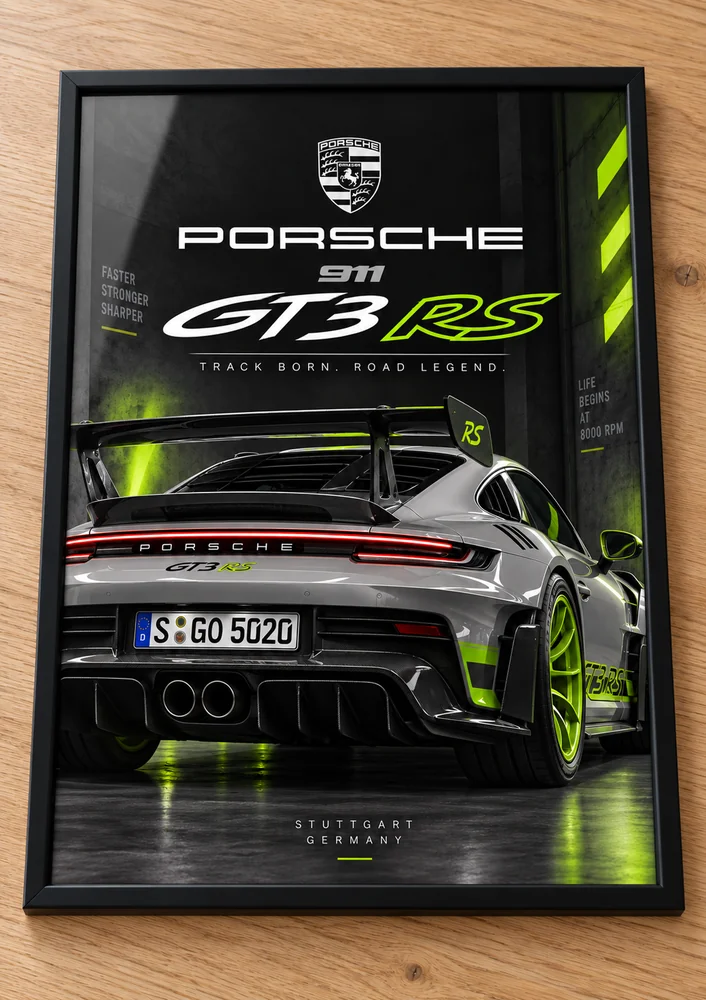 Présentation encadrée de l’affiche Porsche 911 GT3 RS — Tuning, collection Sportives & Tuning