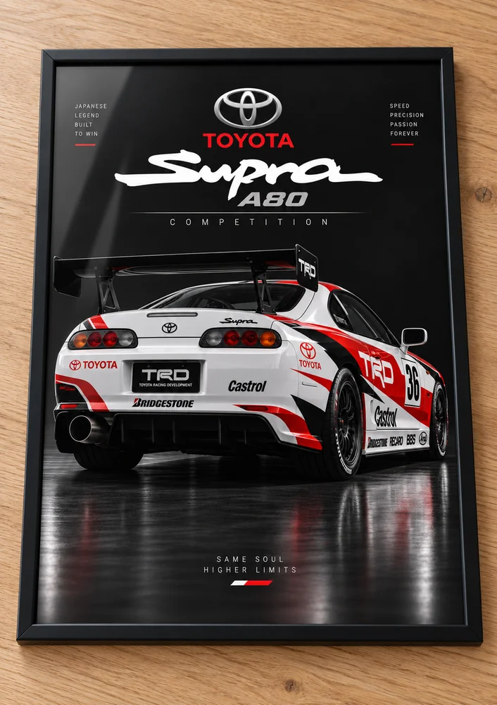Présentation encadrée de l’affiche Toyota Supra A80 — Competition, collection Racing Icons