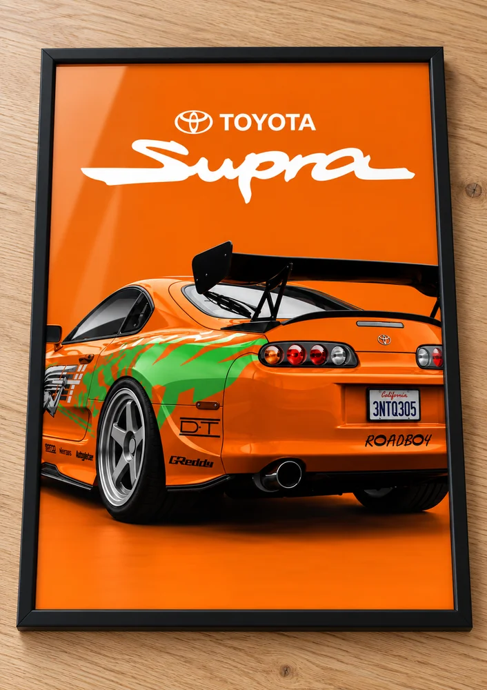 Présentation encadrée de l’affiche Toyota Supra orange, collection Fast & Furious