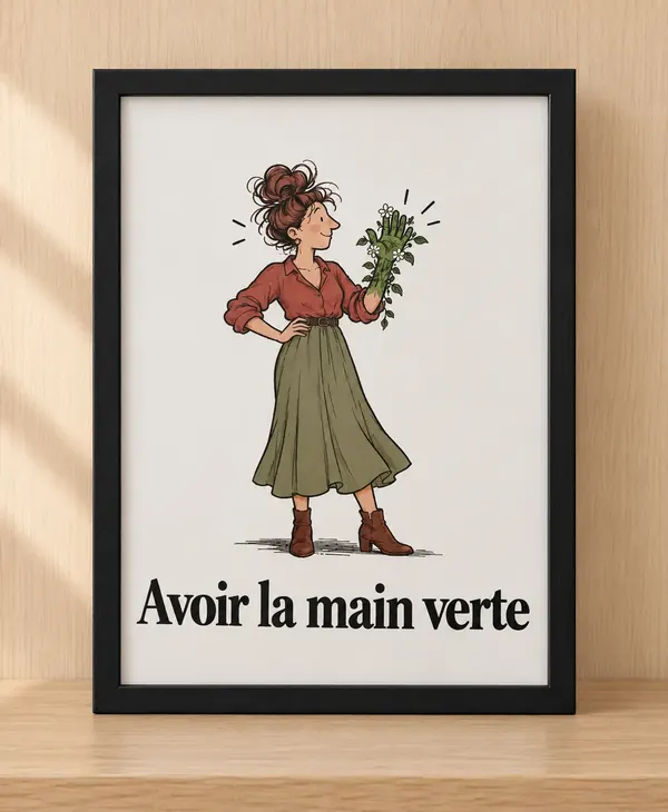 Affiche humour Avoir la main verte, jardinière tenant des plantes