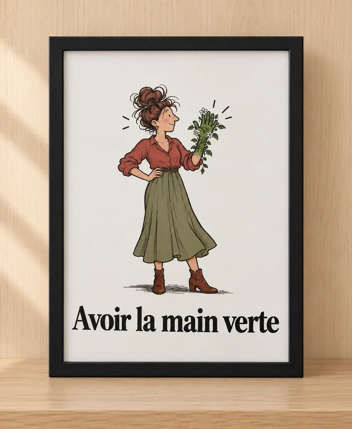 Affiche humour Avoir la main verte, jardinière tenant des plantes