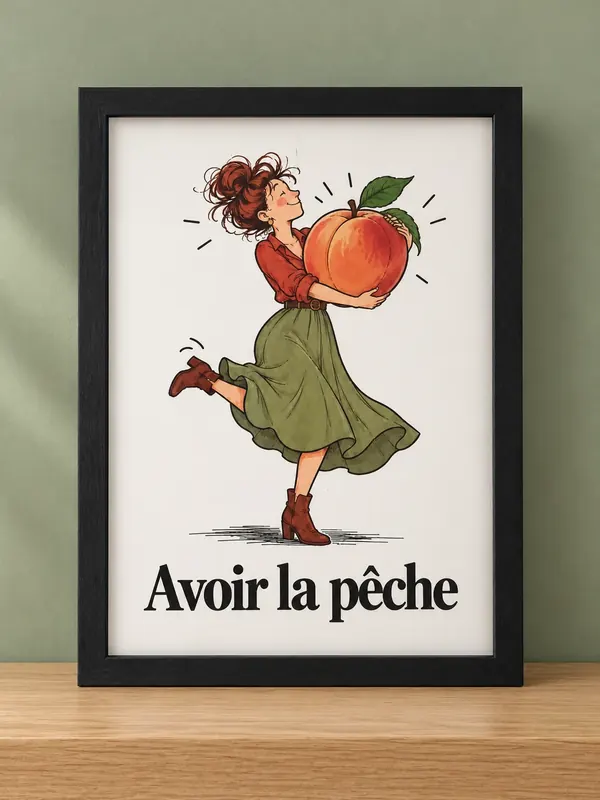 Affiche humour Avoir la pêche, femme portant une pêche géante