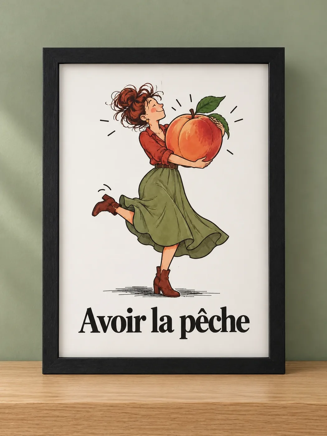Affiche humour Avoir la pêche, femme portant une pêche géante