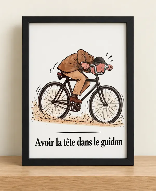 Affiche humour Avoir la tête dans le guidon, cycliste penché sur son vélo