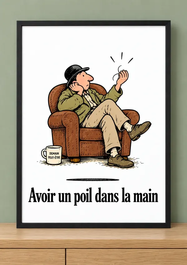 Affiche humour Avoir un poil dans la main, homme dans un fauteuil