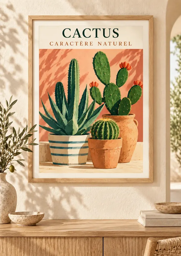 Affiche botanique Cactus caractère naturel, cactus en pots