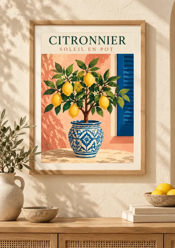 Affiche botanique Citronnier soleil en pot, pot en faïence bleue