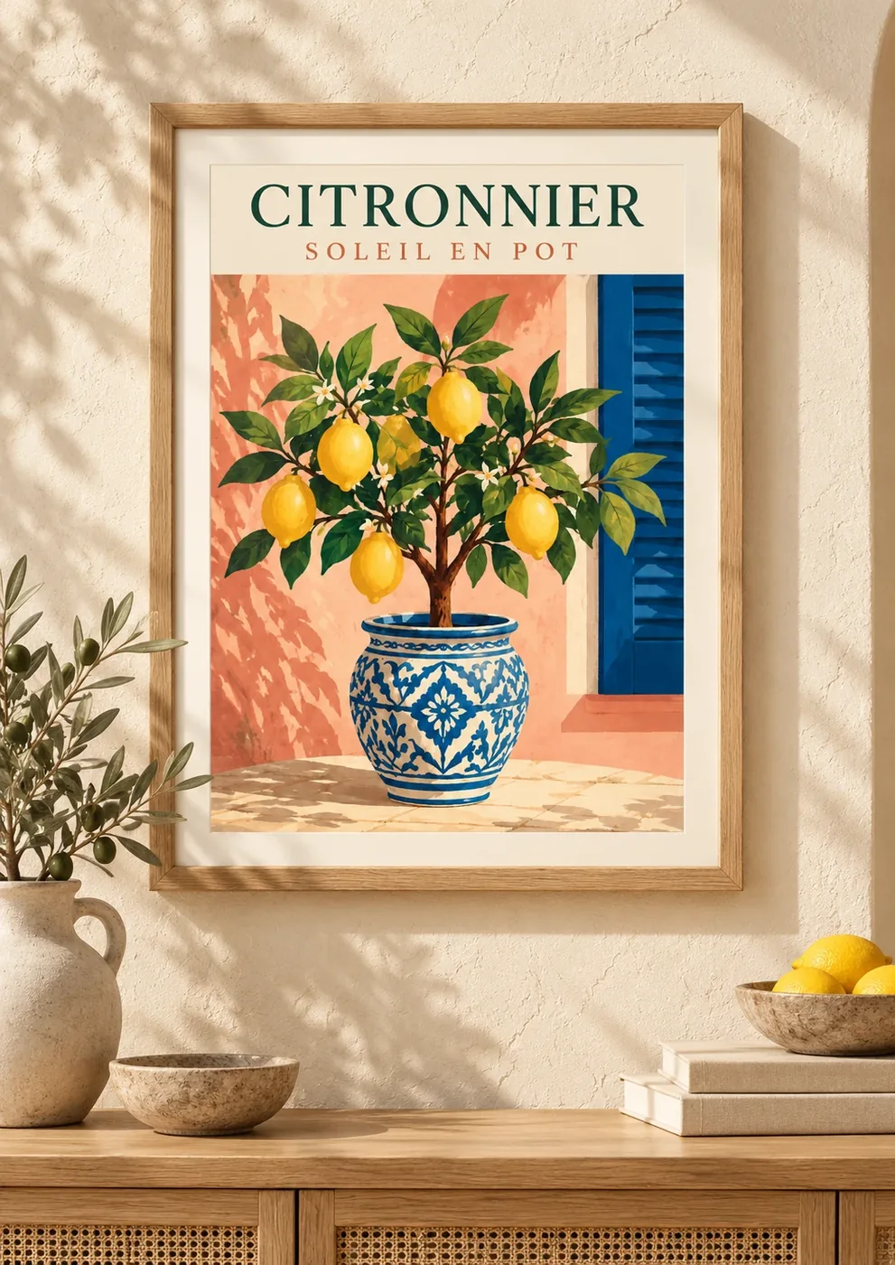 Affiche botanique Citronnier soleil en pot, pot en faïence bleue