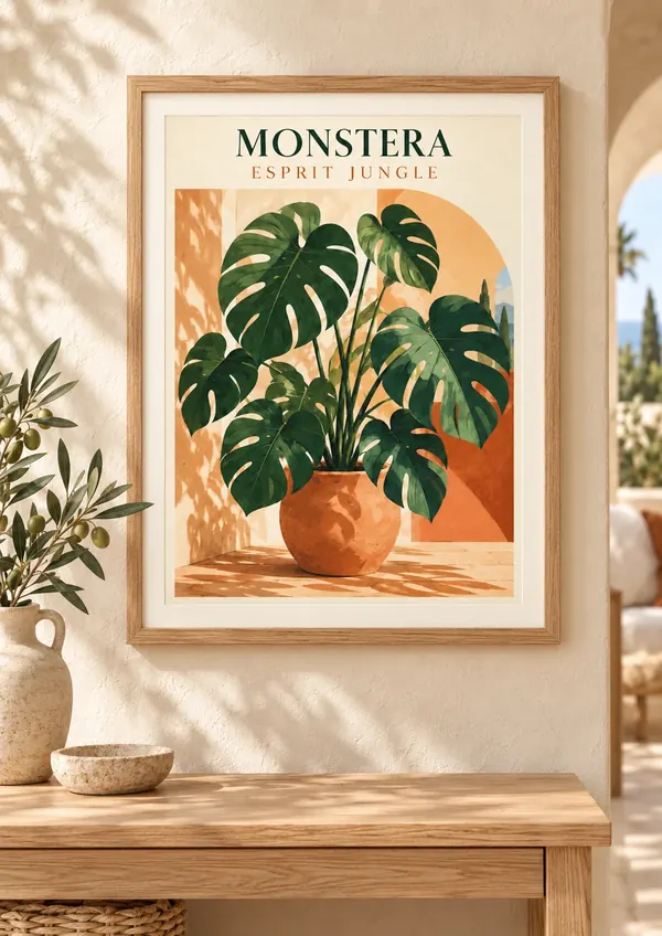 Affiche botanique Monstera esprit jungle en pot terre cuite