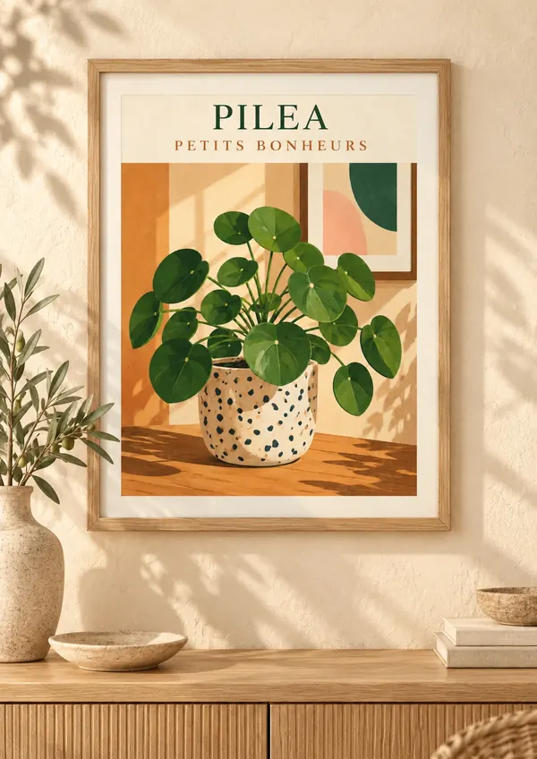 Affiche botanique Pilea petits bonheurs, pot à pois