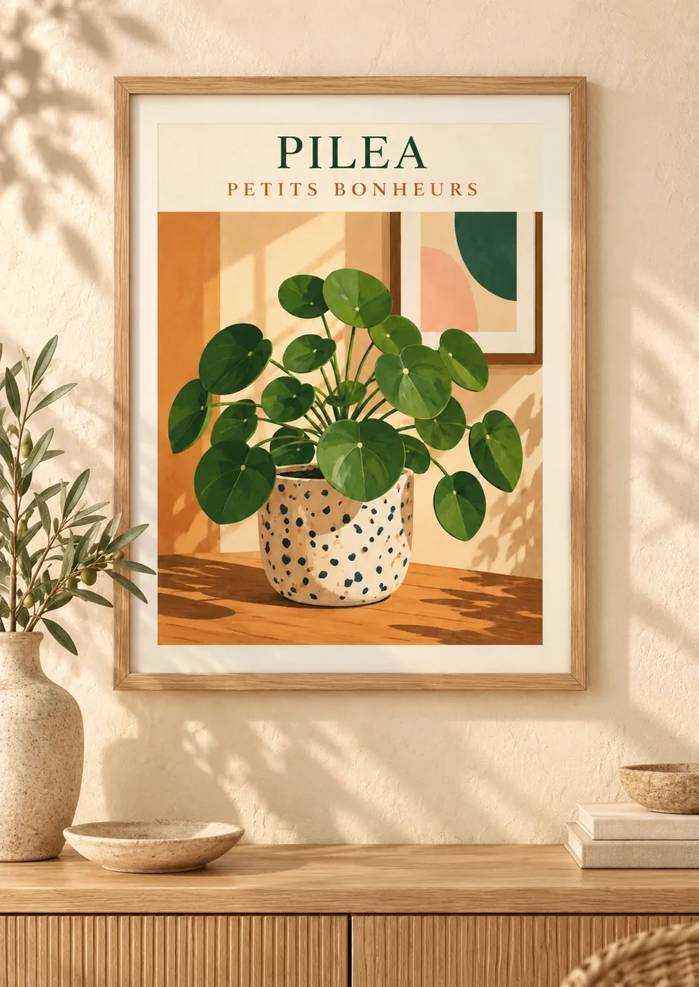 Affiche botanique Pilea petits bonheurs, pot à pois