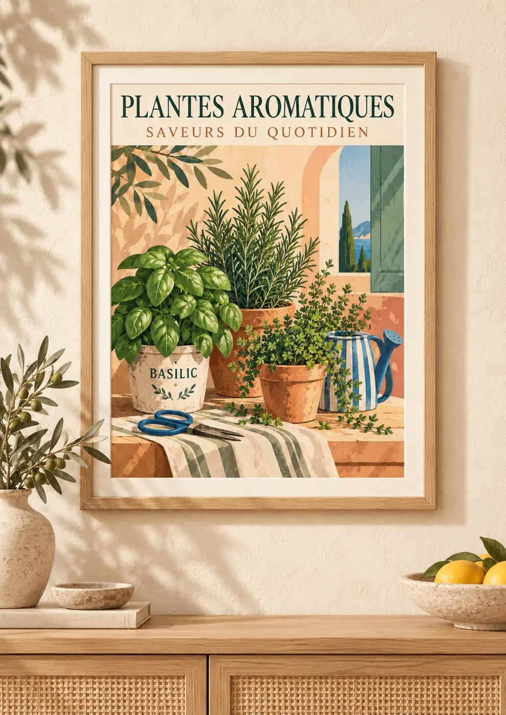 Affiche botanique Plantes aromatiques, basilic et herbes en pots