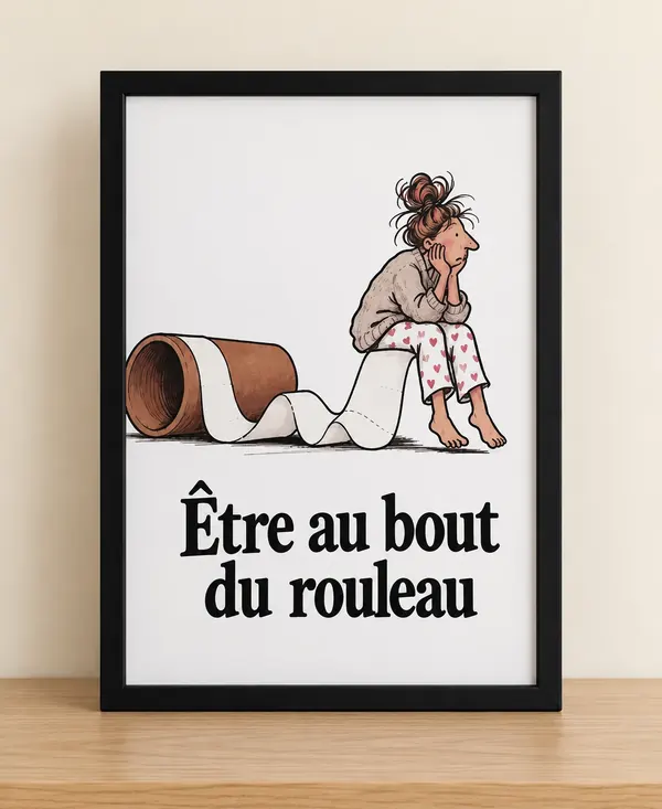 Affiche humour Être au bout du rouleau, personnage assis sur un rouleau de papier toilette