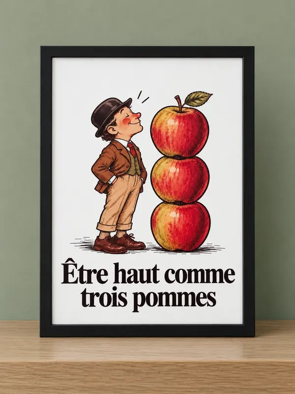 Affiche humour Être haut comme trois pommes, garçon à côté de trois pommes empilées