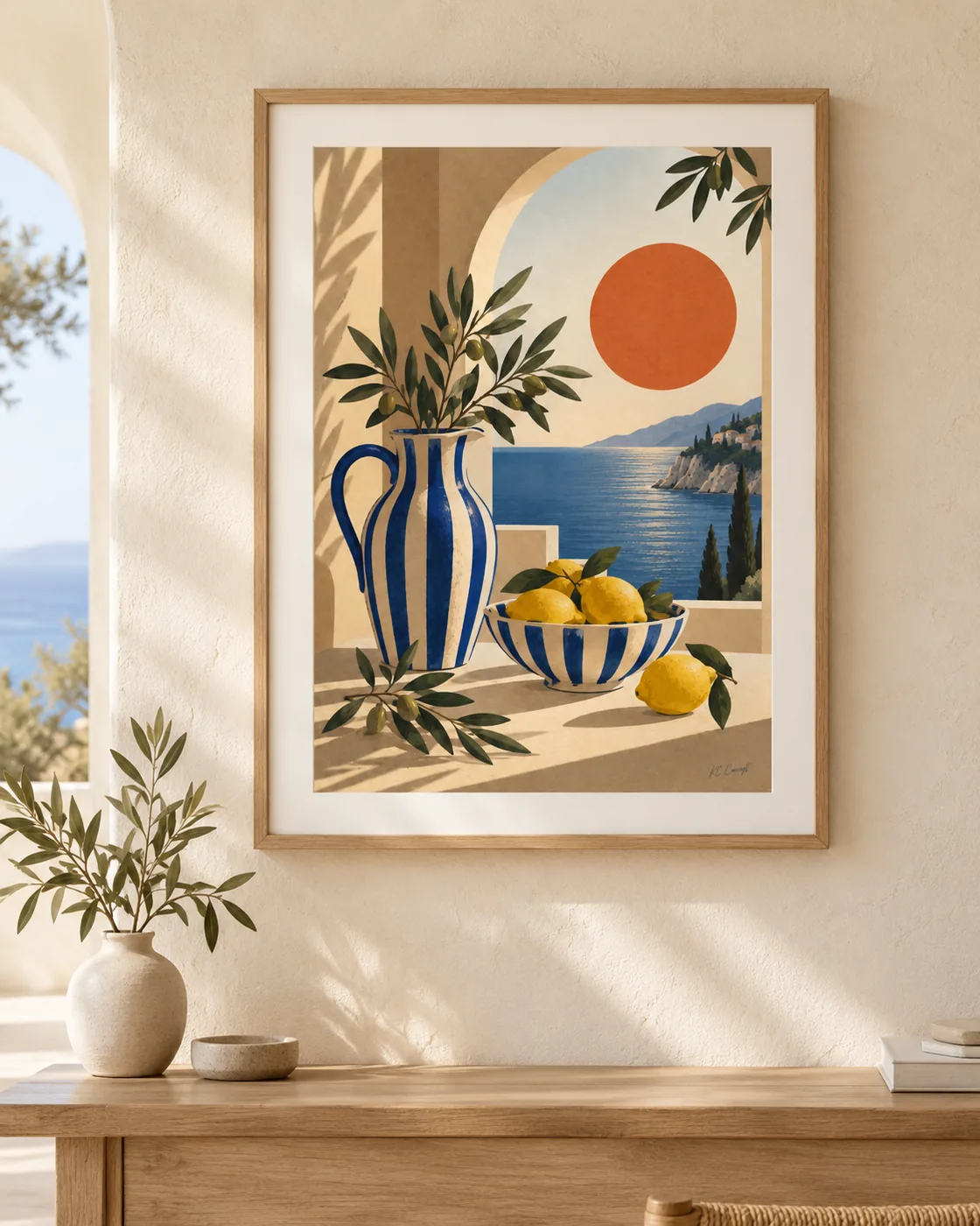 Affiche méditerranéenne avec cruche bleue, citrons et mer