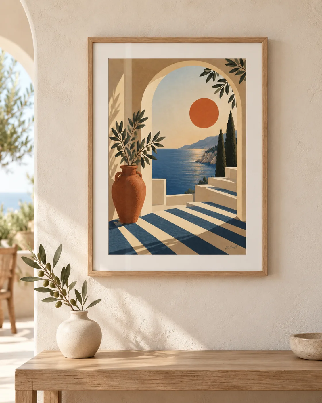 Affiche méditerranéenne terrasse avec jarre en terre cuite et vue sur mer