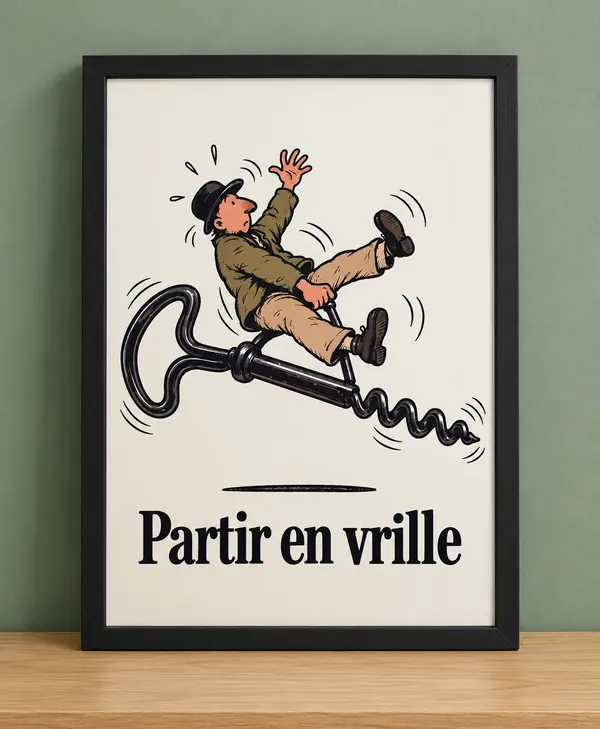Affiche humour Partir en vrille, personnage sur un tire-bouchon