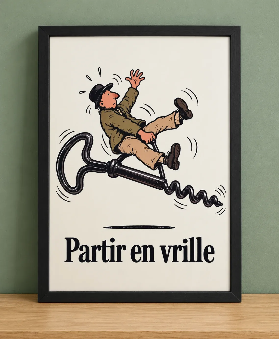 Affiche humour Partir en vrille, personnage sur un tire-bouchon