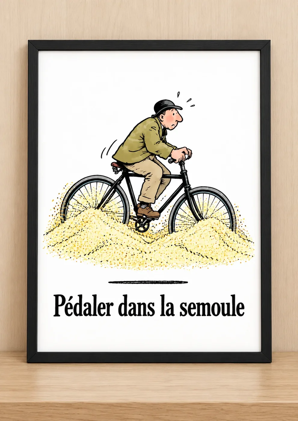 Affiche humour Pédaler dans la semoule, cycliste dans la semoule