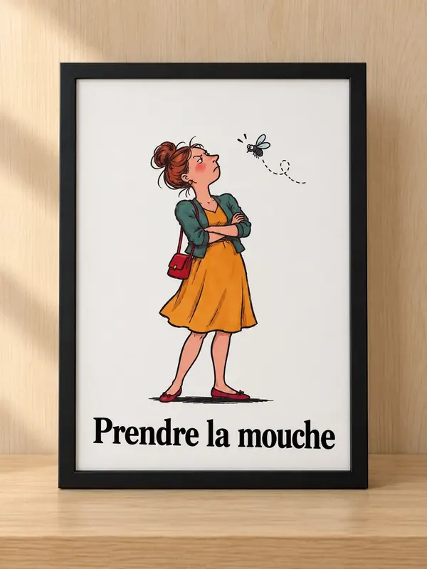 Affiche humour Prendre la mouche, femme contrariée face à une mouche