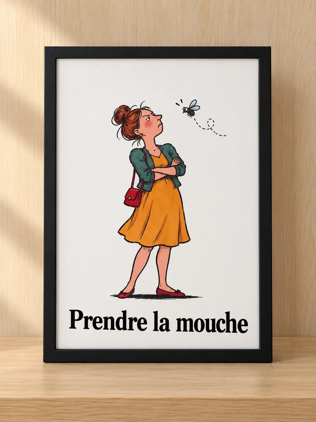 Affiche humour Prendre la mouche, femme contrariée face à une mouche