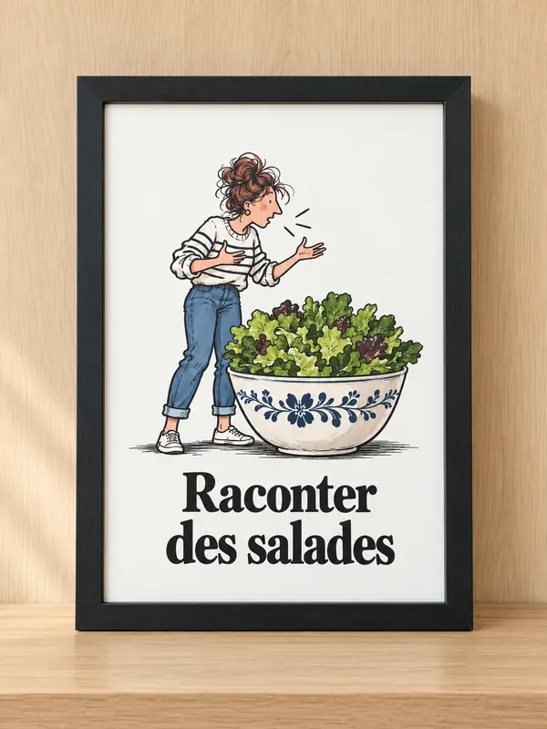 Affiche humour Raconter des salades, femme devant un saladier