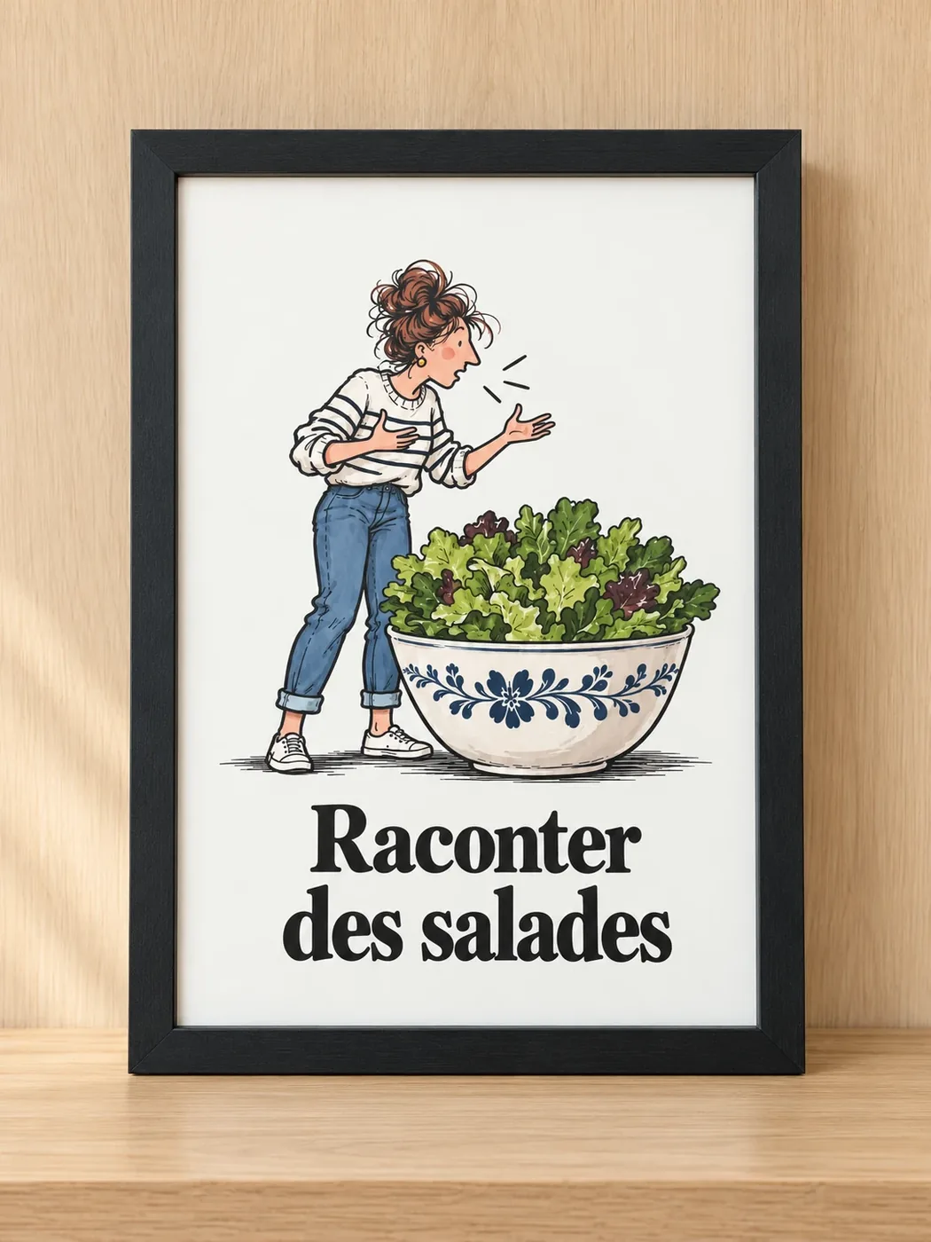 Affiche humour Raconter des salades, femme devant un saladier