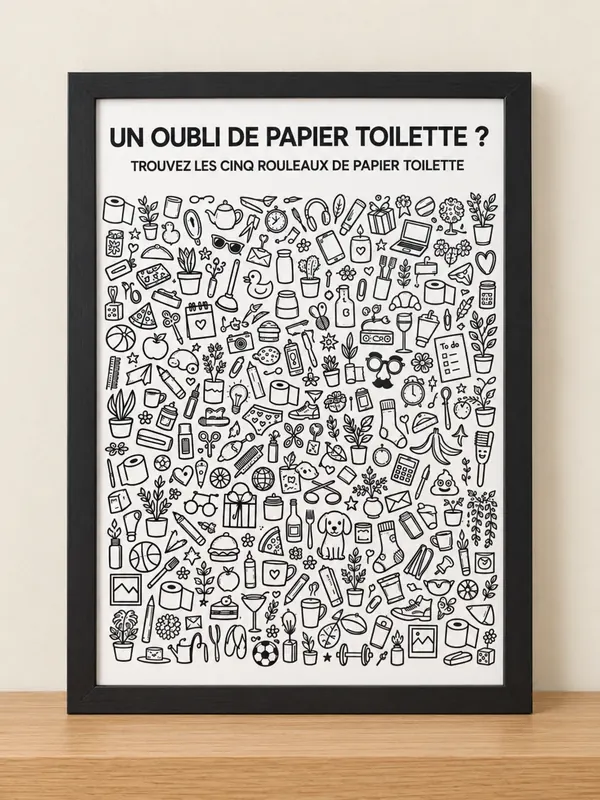 Affiche humour pour les toilettes, jeu trouvez les rouleaux de papier toilette