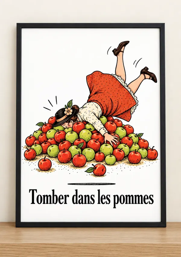 Affiche humour Tomber dans les pommes, femme tombée dans un tas de pommes