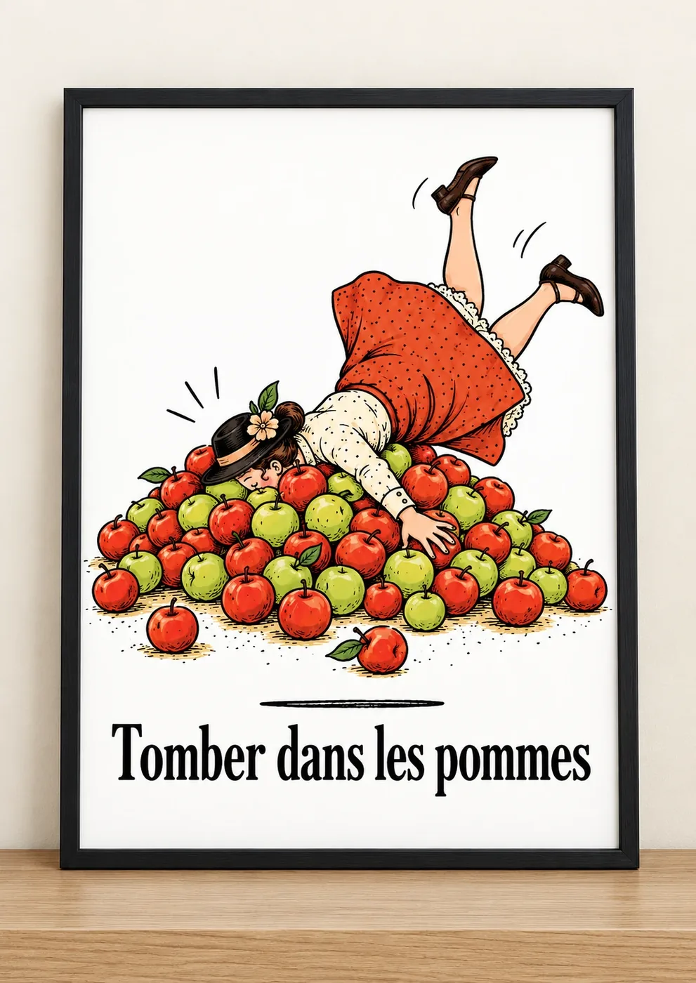 Affiche humour Tomber dans les pommes, femme tombée dans un tas de pommes