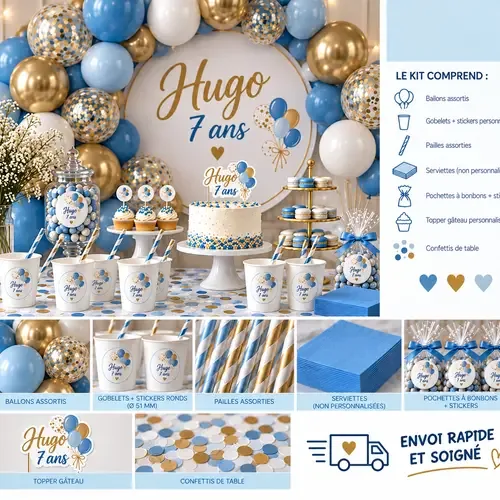 Kit décoration anniversaire personnalisé bleu et doré