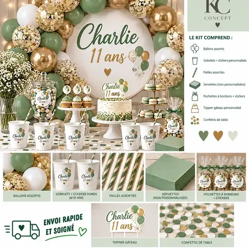 Kit décoration anniversaire personnalisé vert sauge et doré