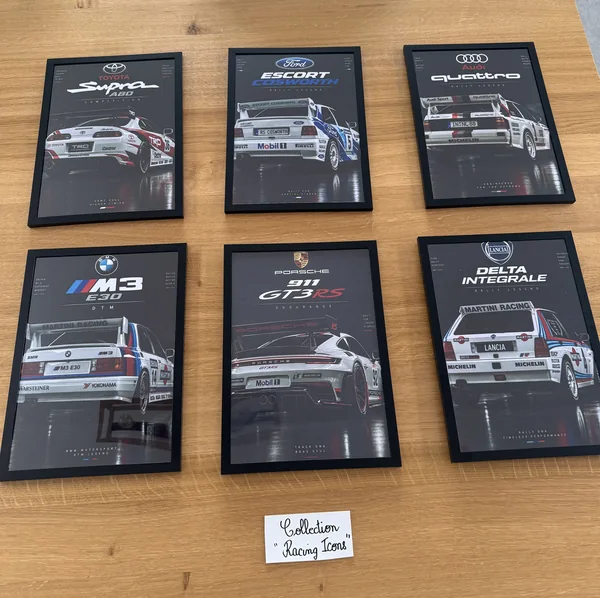 Les 6 cadres noirs du lot Racing Icons, présentés ensemble