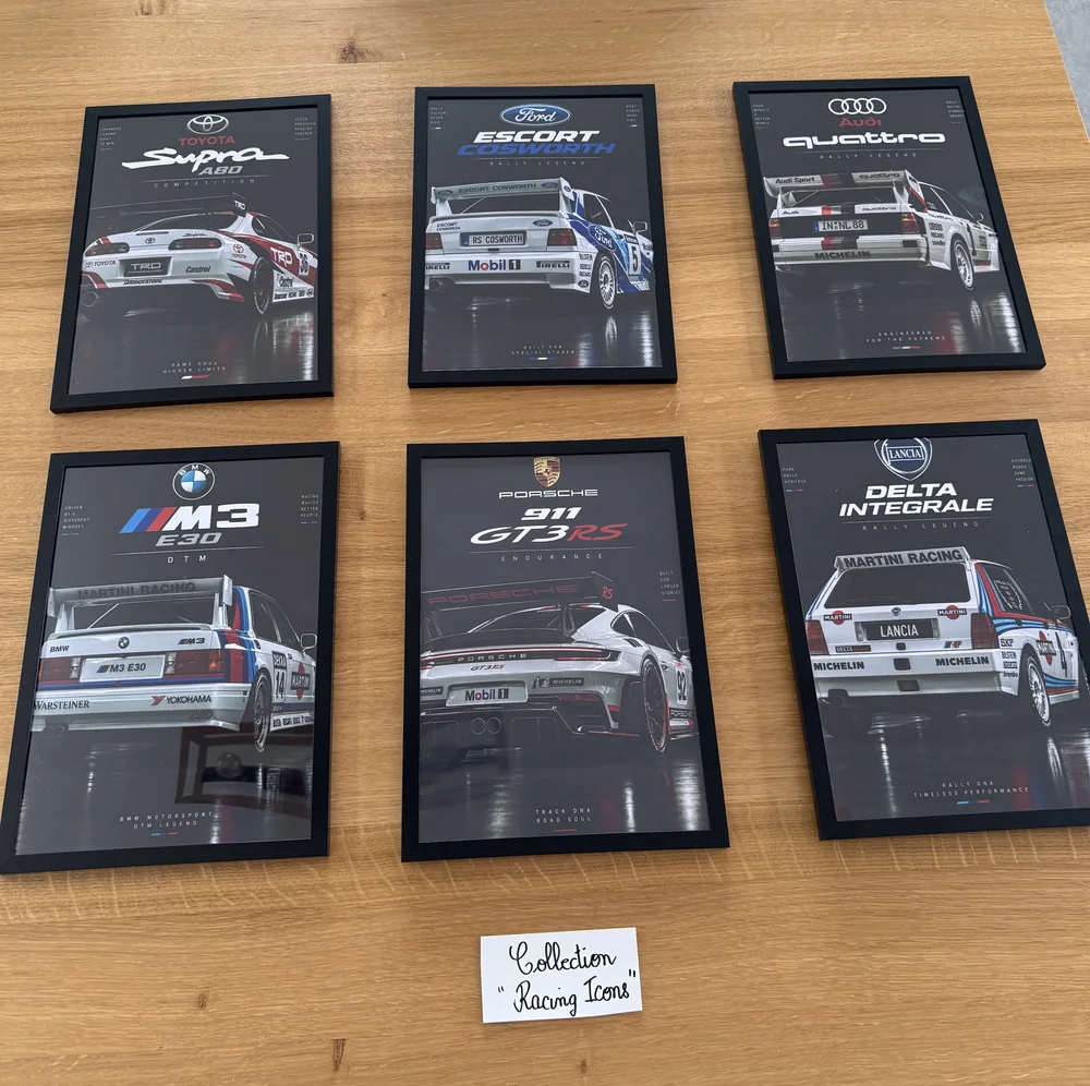 Les 6 cadres noirs du lot Racing Icons, présentés ensemble
