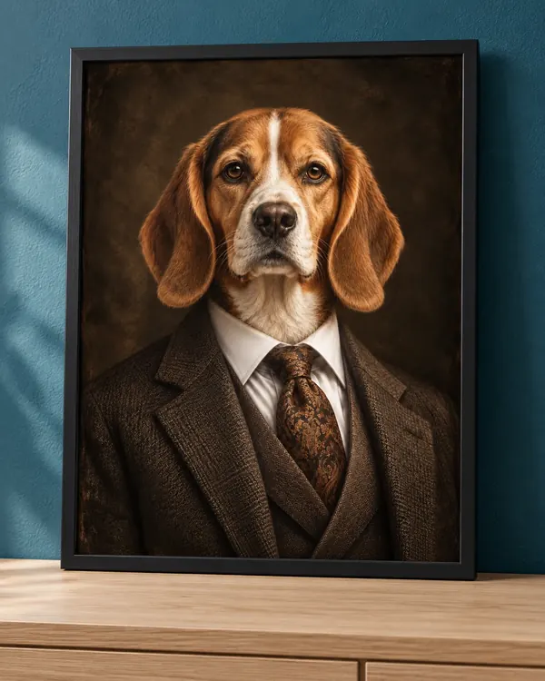 Affiche portrait d’un beagle en veste de tweed et cravate