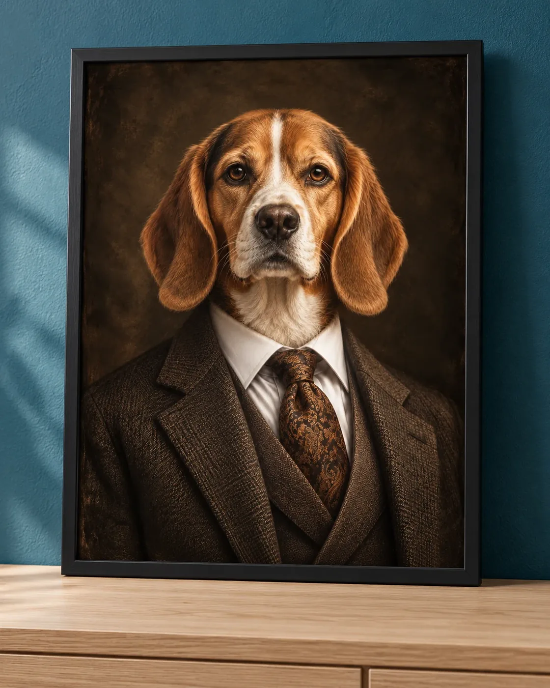 Affiche portrait d’un beagle en veste de tweed et cravate