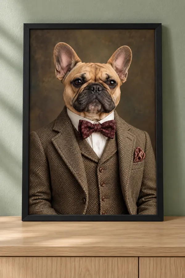 Affiche portrait d’un bouledogue français en veste de tweed et nœud papillon bordeaux