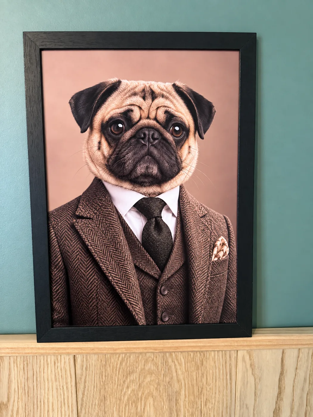 Affiche portrait d’un carlin en costume à chevrons et cravate