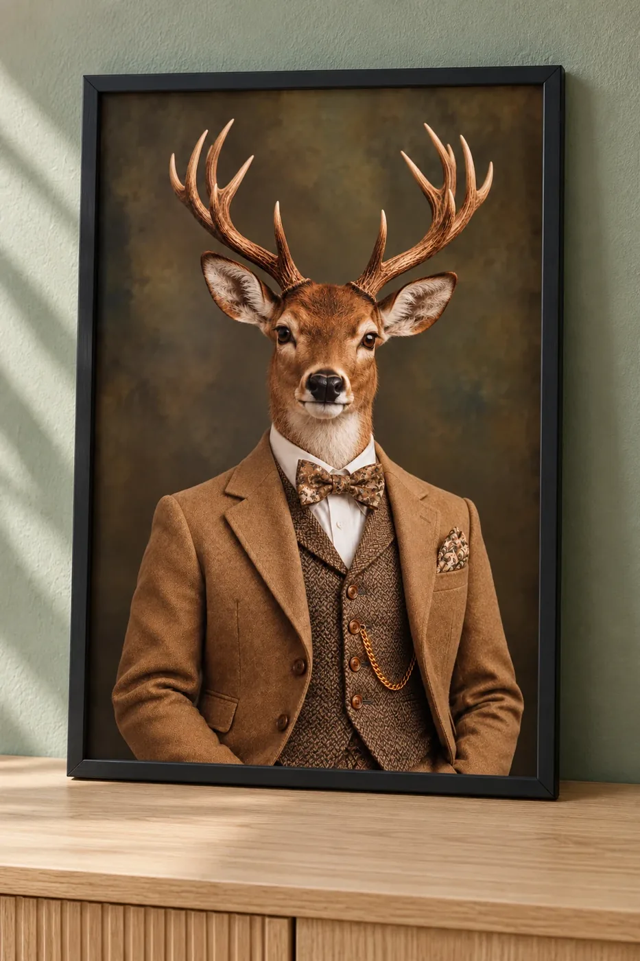 Affiche portrait d’un cerf en veste camel et nœud papillon