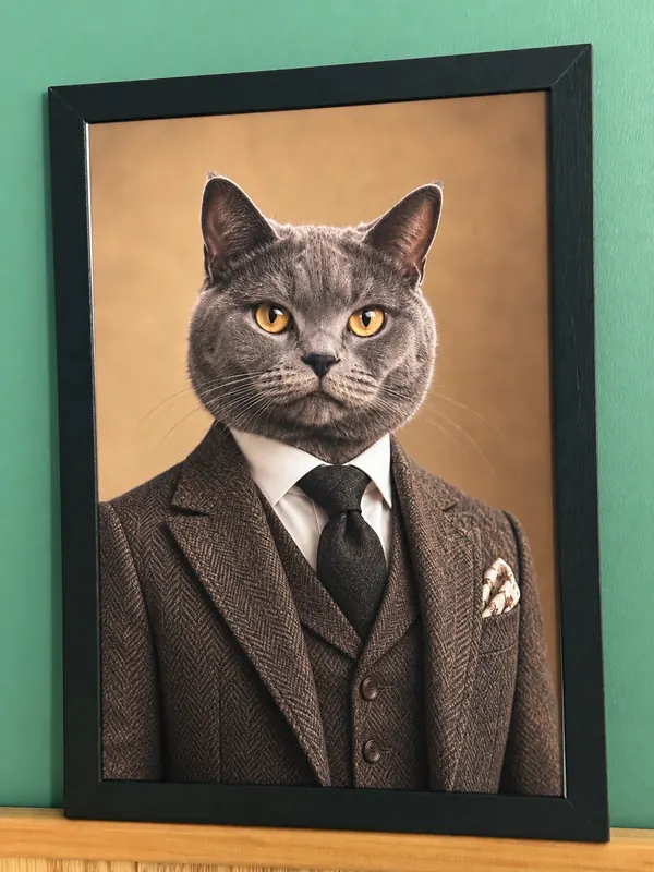 Affiche portrait d’un chat gris aux yeux dorés en costume et cravate