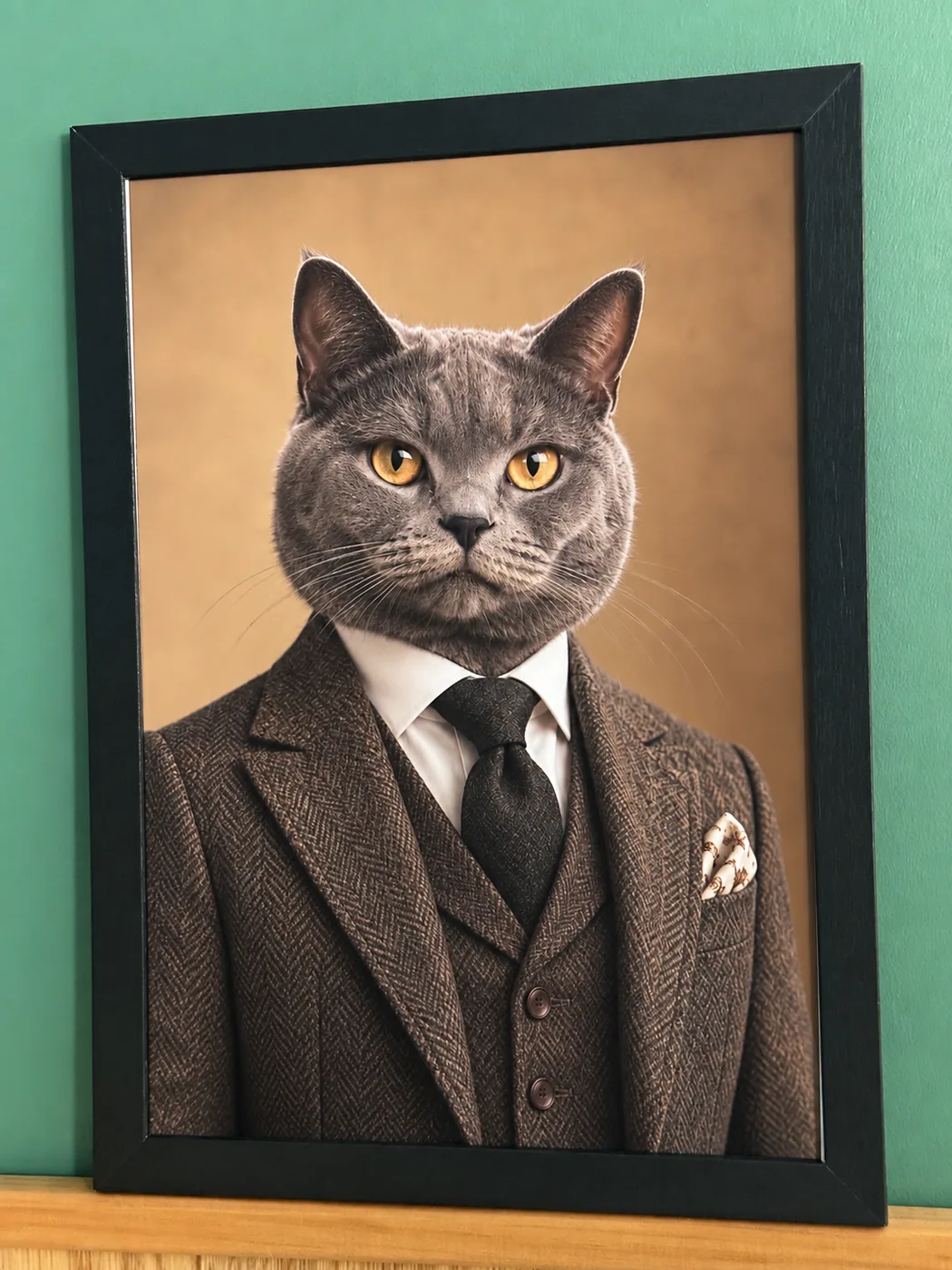 Affiche portrait d’un chat gris aux yeux dorés en costume et cravate