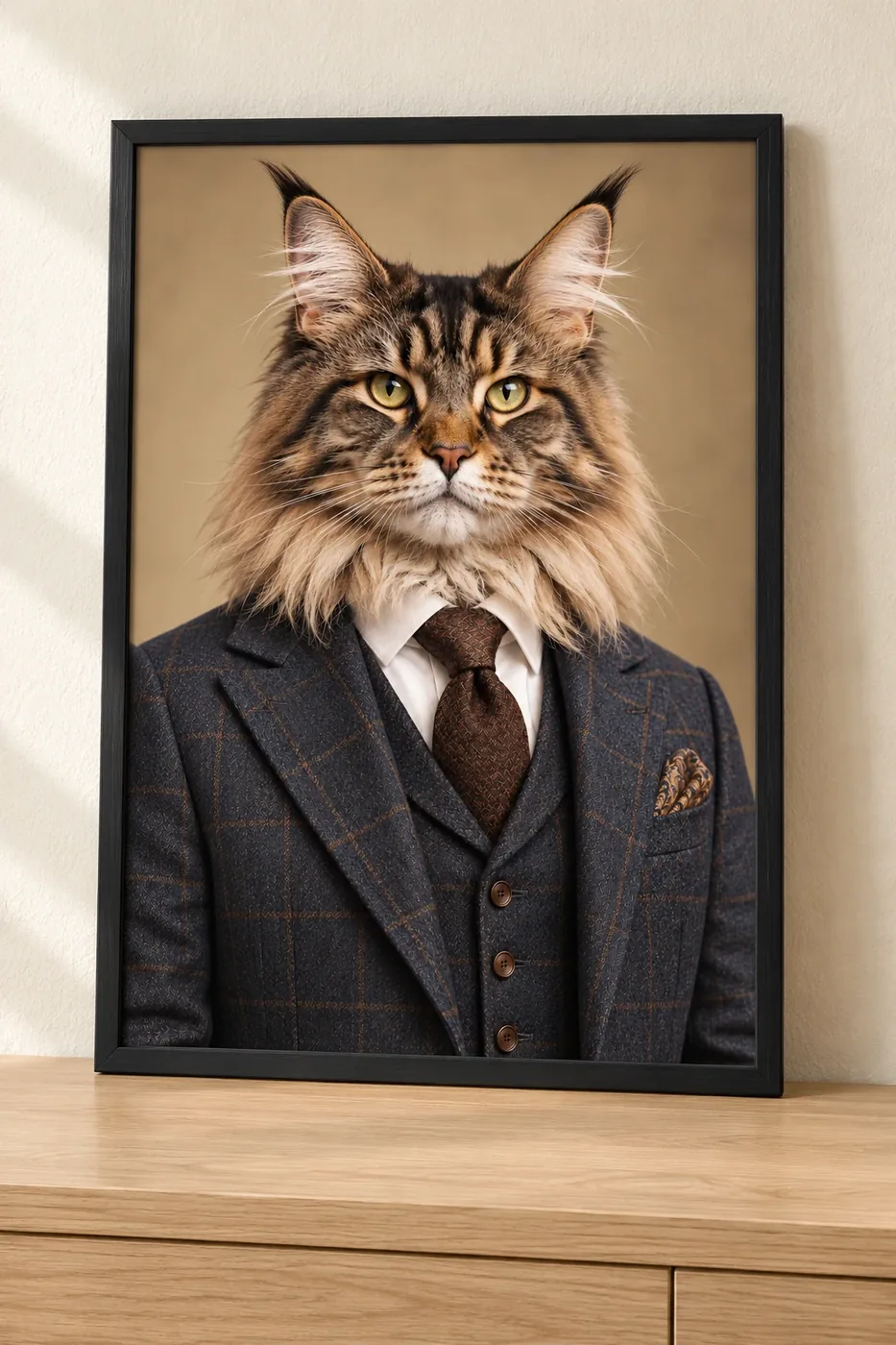 Affiche portrait d’un chat au poil long en costume bleu nuit