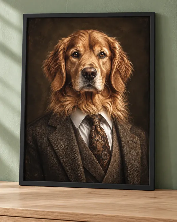 Affiche portrait d’un chien au poil long doré en costume de tweed
