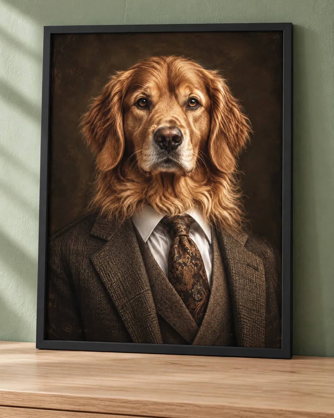 Affiche portrait d’un chien au poil long doré en costume de tweed