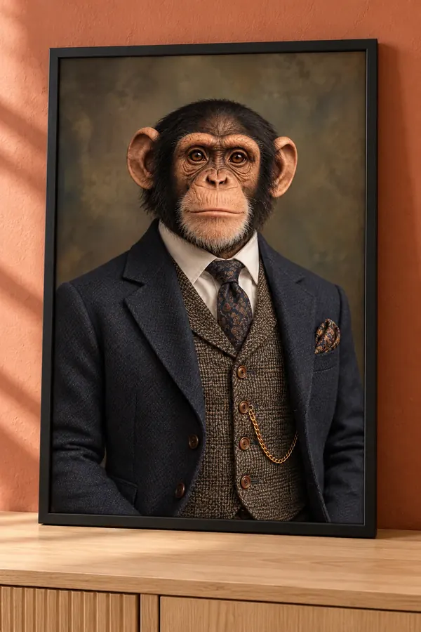 Affiche portrait d’un chimpanzé en costume bleu marine