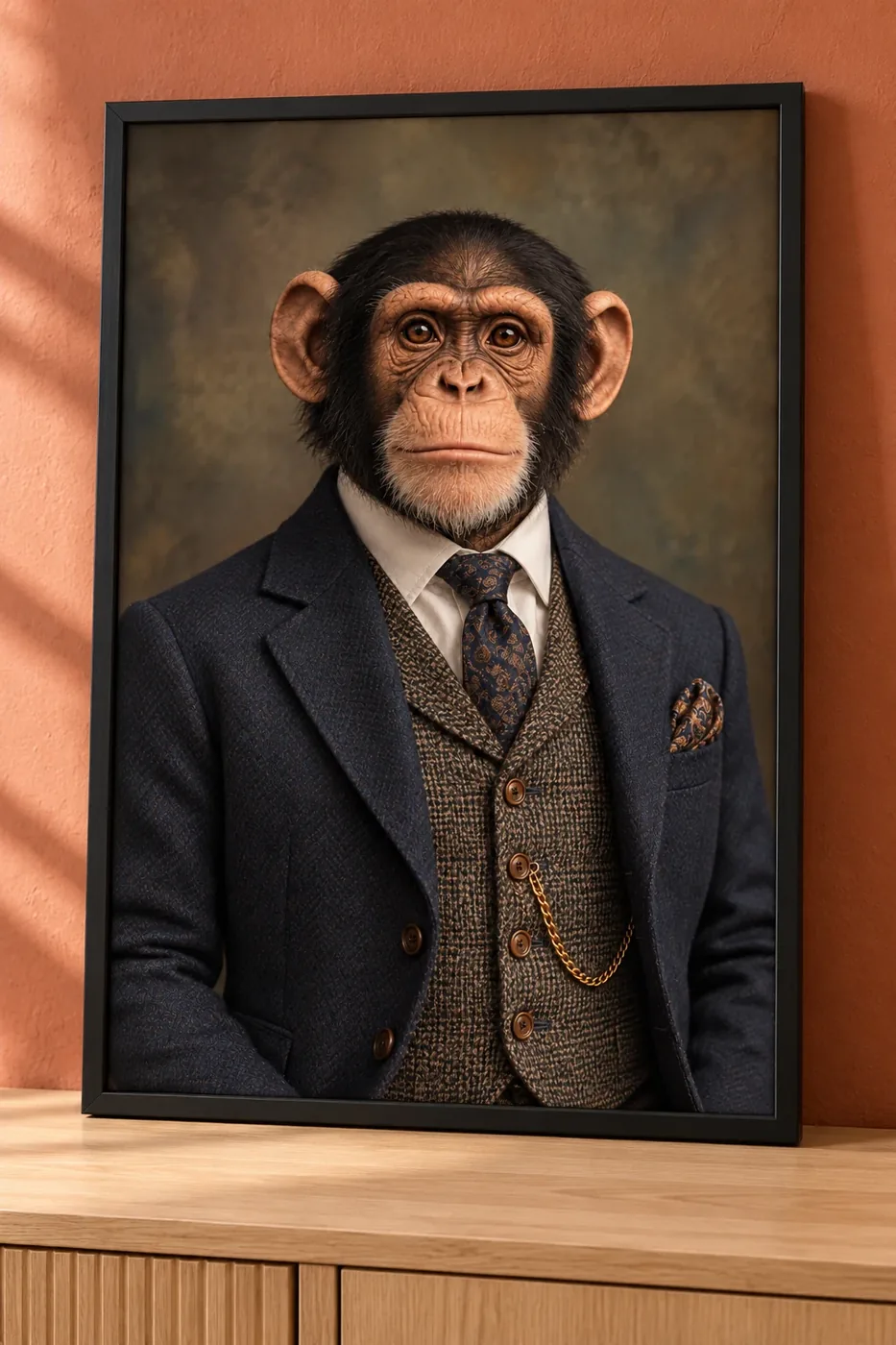 Affiche portrait d’un chimpanzé en costume bleu marine