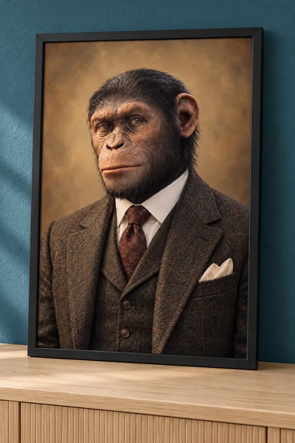 Affiche portrait d’un chimpanzé en costume trois pièces en tweed